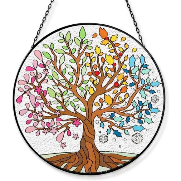 Big Size Tree of Life Stained Glass Suncatcher Four Season Theme Colorful Leaves - Picture 1 of 7
